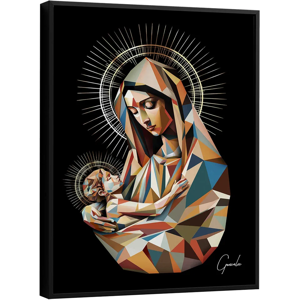 quadro amor sagrado geométrico — Maria e Menino em geometria azul e ouro — arte do artista Gonzalez