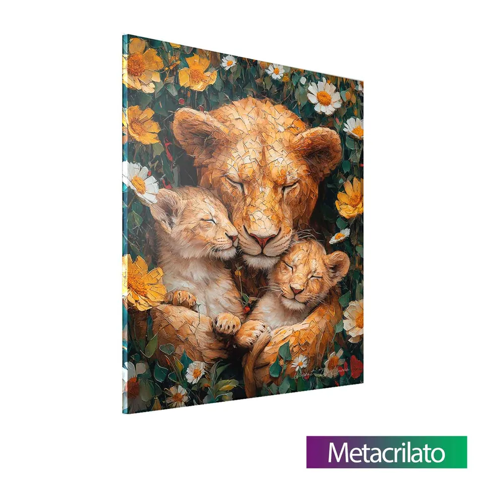 Quadro Aconchego da Mãe Leoa com acabamento em metacrilato