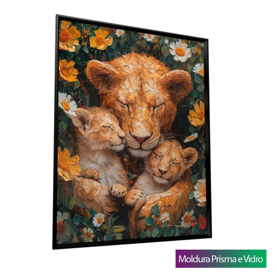 Quadro Aconchego da Mãe Leoa com moldura Prisma e vidro