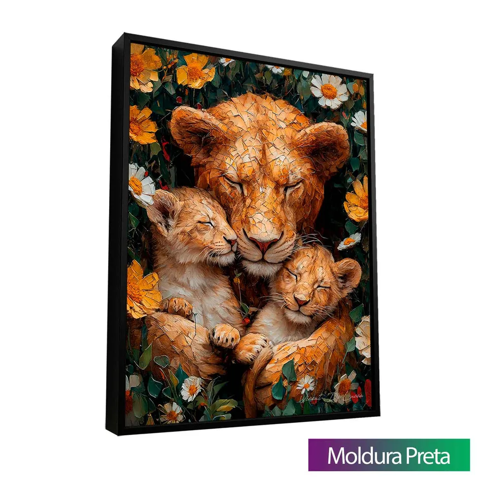 Quadro Aconchego da Mãe Leoa com moldura de filete preta
