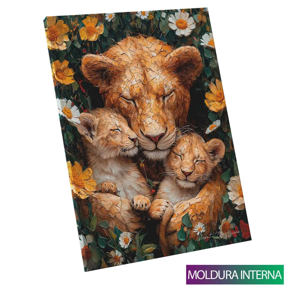 Quadro Aconchego da Mãe Leoa com moldura interna