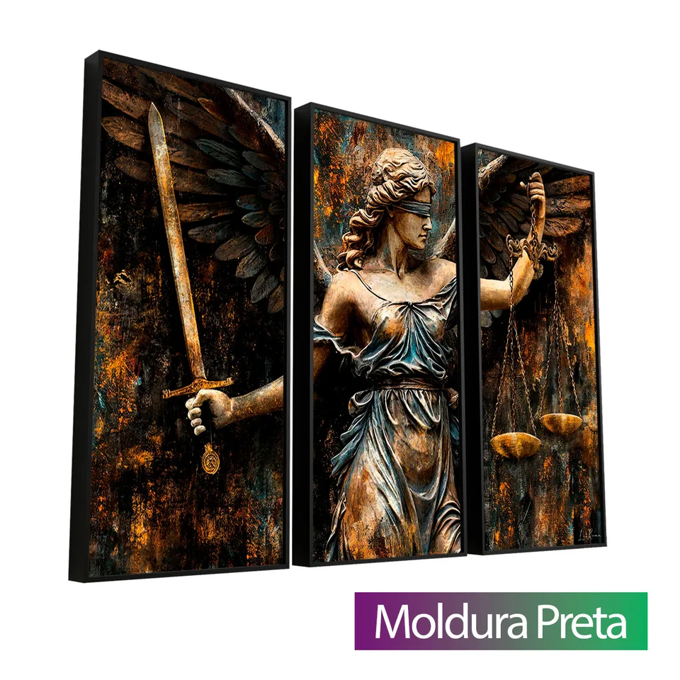 Quadro Anjo da Justiça - Deusa Themis 3 Peças com moldura de filete preta
