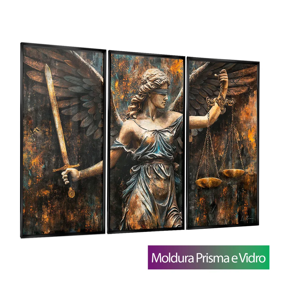 Quadro Anjo da Justiça - Deusa Themis 3 Peças com moldura Prisma e vidro