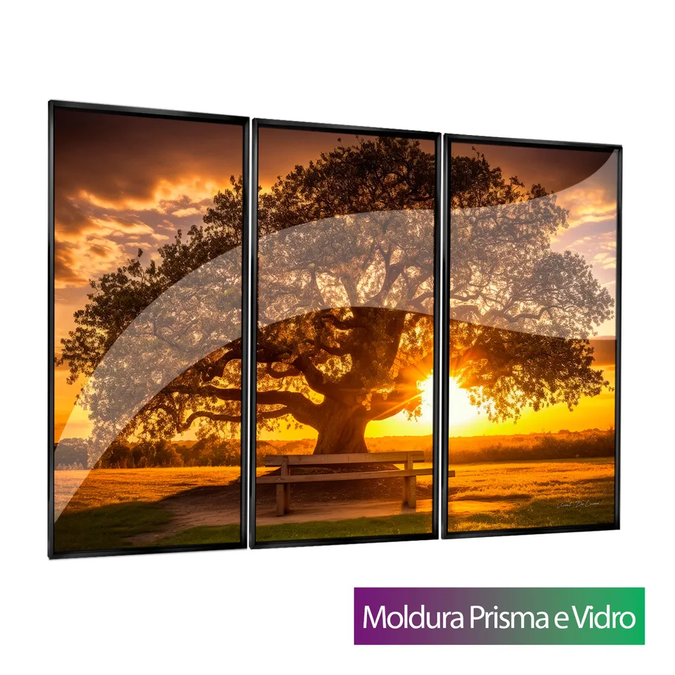 Quadro Árvore ao Pôr do Sol 3 Peças com moldura Prisma e vidro