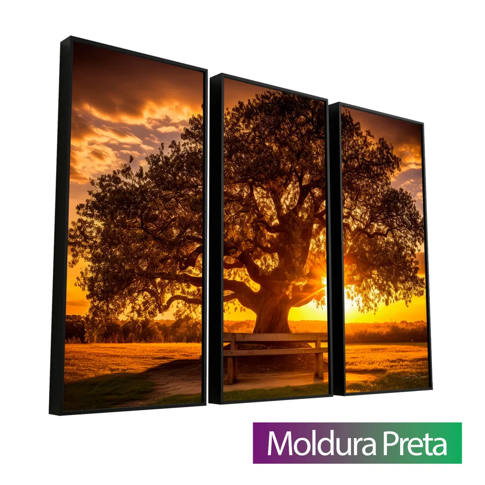 Quadro Árvore ao Pôr do Sol 3 Peças com moldura de filete preta