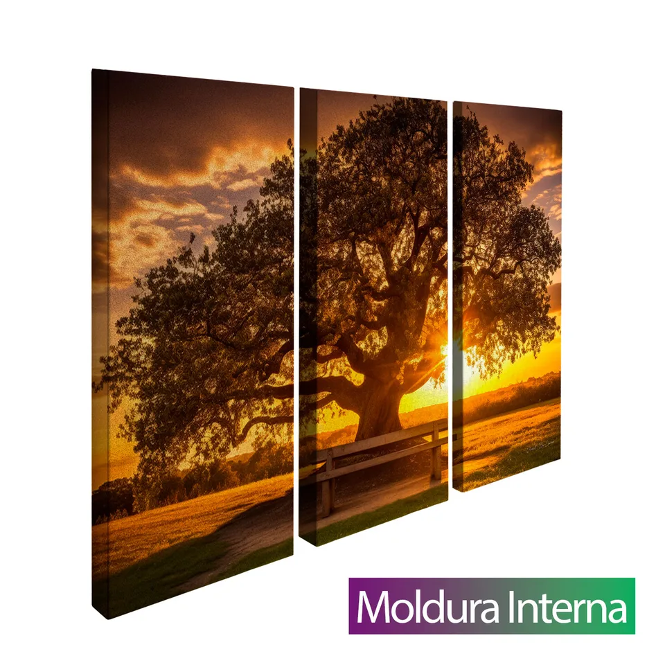 Quadro Árvore ao Pôr do Sol 3 Peças com moldura interna