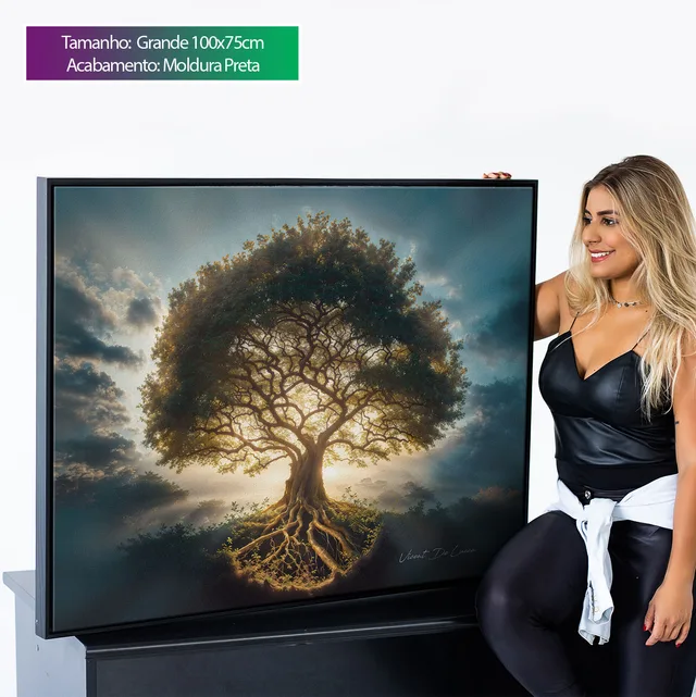 Quadro Árvore da Vida Abençoada no tamanho Grande, ao lado de uma mulher para mostrar a escala