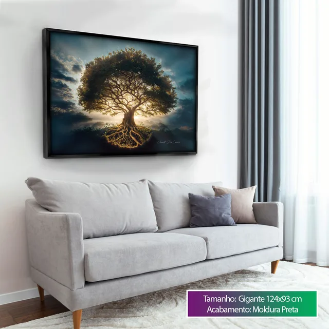 Quadro Árvore da Vida Abençoada com moldura preta acima de sofá cinza