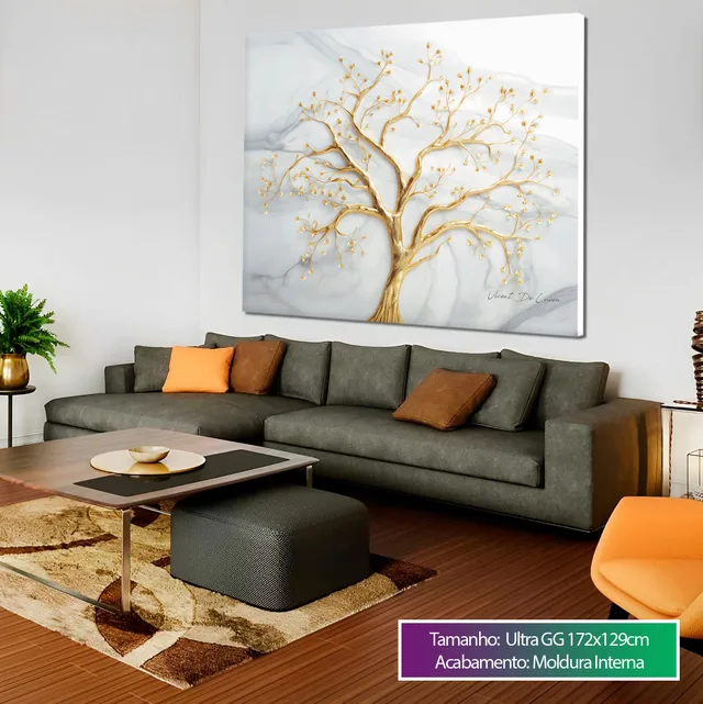Quadro Árvore Divina em sala com sofá verde-oliva e mesa de centro