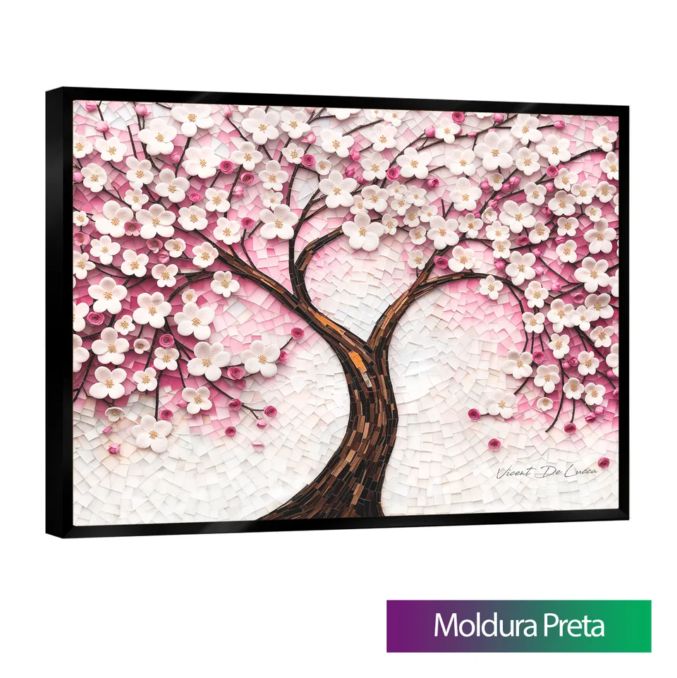 Quadro Árvore Encanto Floral com moldura de filete preta