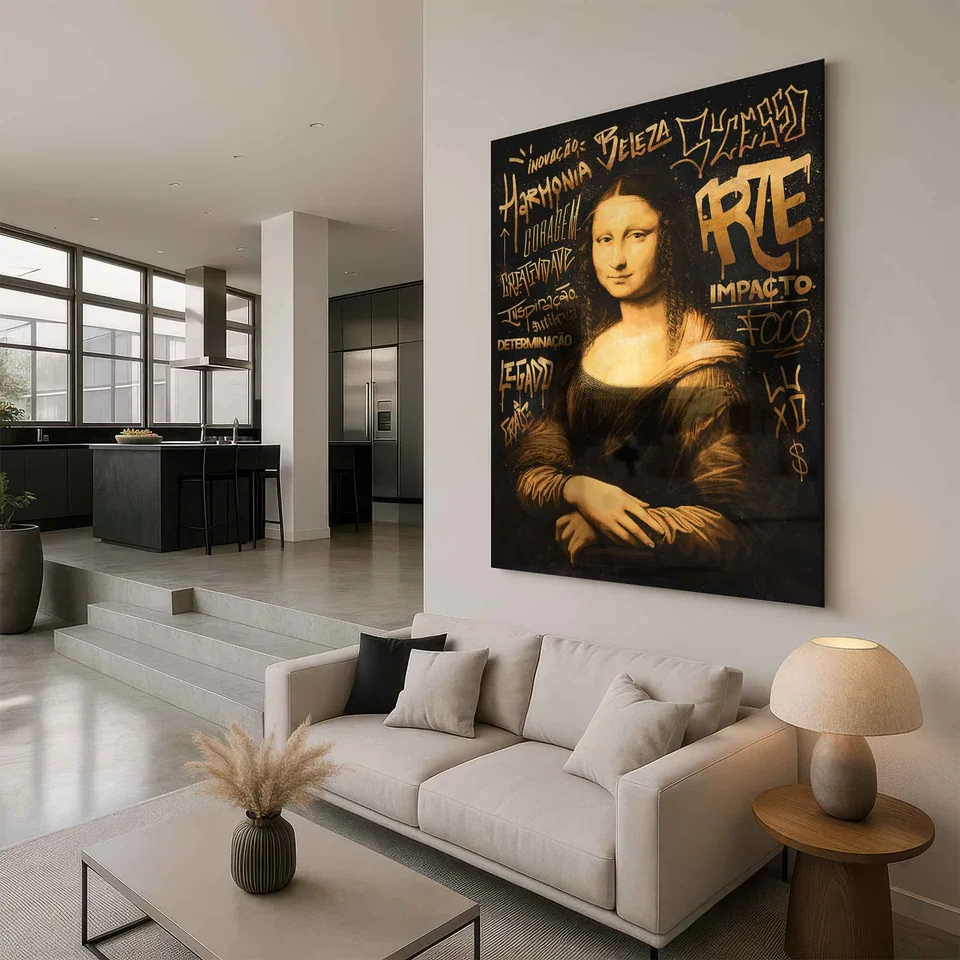 quadro monalisa grafite dourado — metacrilato cozinha americana ambiente moderno