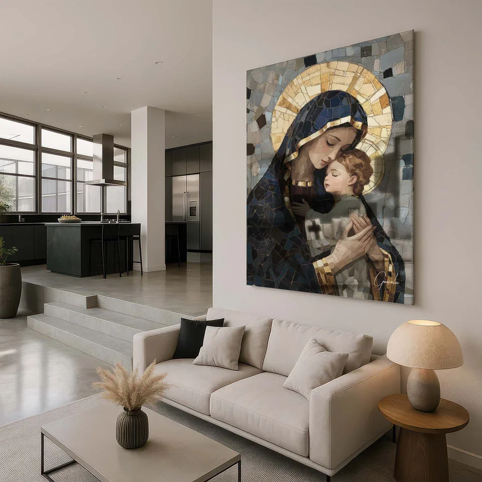 Quadro Maria e Jesus Mosaico em metacrilato na cozinha