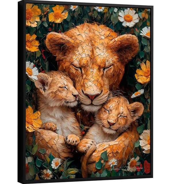 Quadro Aconchego da Mãe Leoa. Arte decorativa de uma leoa junta com seus dois filhotes cercada de flores