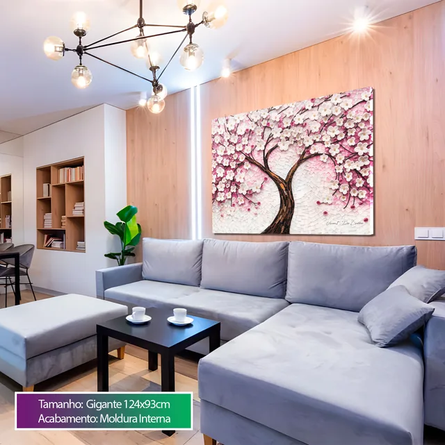 Quadro Árvore Encanto Floral em sala com sofá cinza