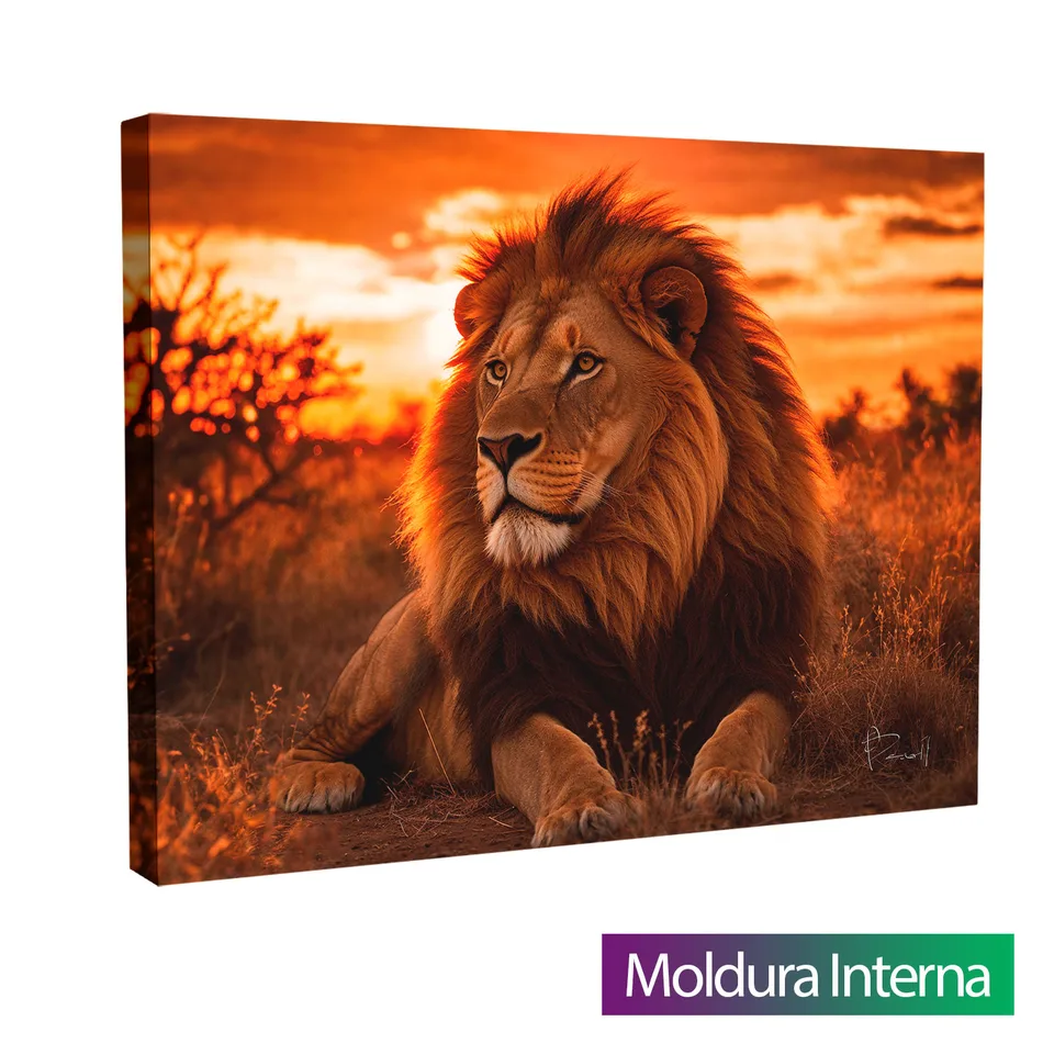 Quadro Leão ao Pôr do Sol — Moldura Interna, Médio 64x48