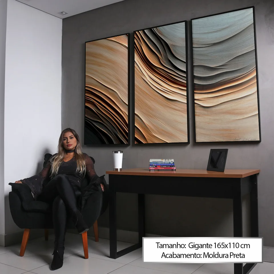 Quadro Abstrato Correnteza Amadeirada 3 Peças em aparador com a Ju
