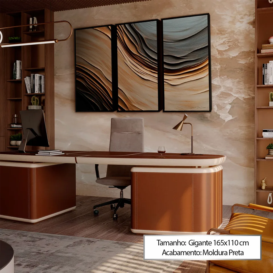 Quadro Abstrato Correnteza Amadeirada 3 Peças em escritório luxuoso