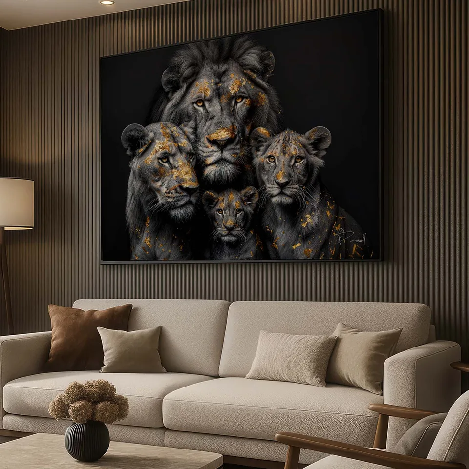 Quadro Família de Leões Folhas de Ouro com moldura preta na sala