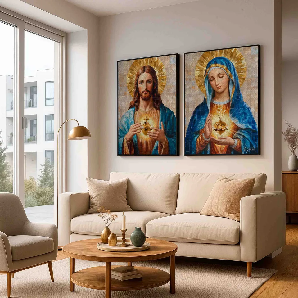 quadro amor de jesus e maria 2 peças — moldura preta apartamento clean
