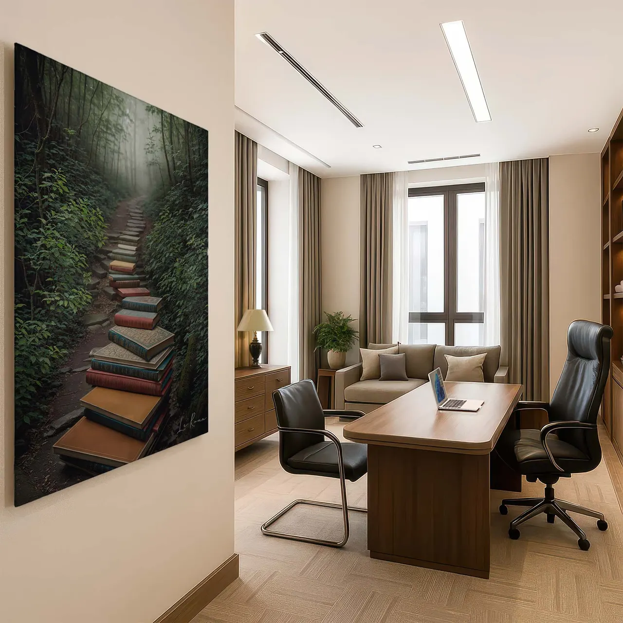 Quadro O Caminho do Conhecimento, de Le Roux, em escritório com mesa de madeira e cadeira preta
