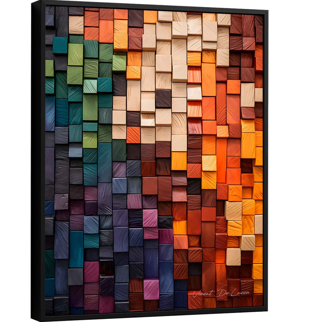 Quadro Abstrato Madeiras Cromáticas, blocos em relevo em degradê do roxo ao laranja