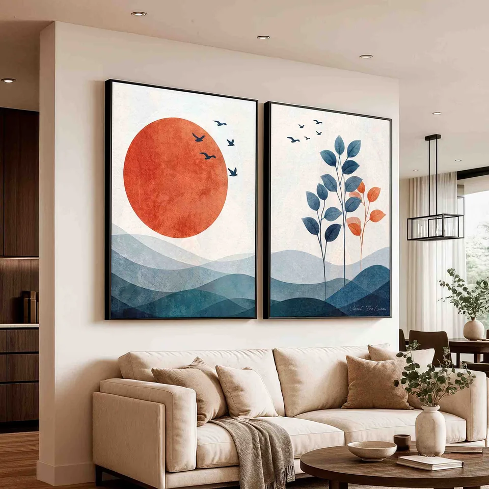 Quadro Minimalismo Natural - 2 Peças com moldura preta na sala