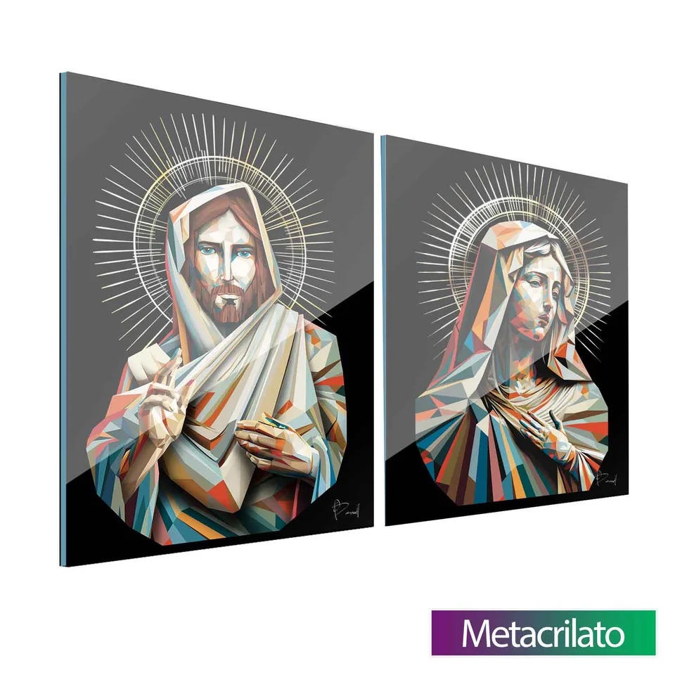Quadro Jesus e Maria Geométricos 2 Peças em metacrilato