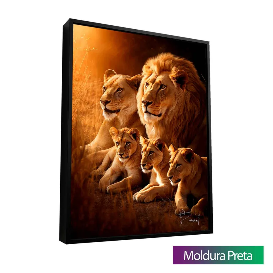 Quadro Família de Leões - 3 Filhotes com moldura preta