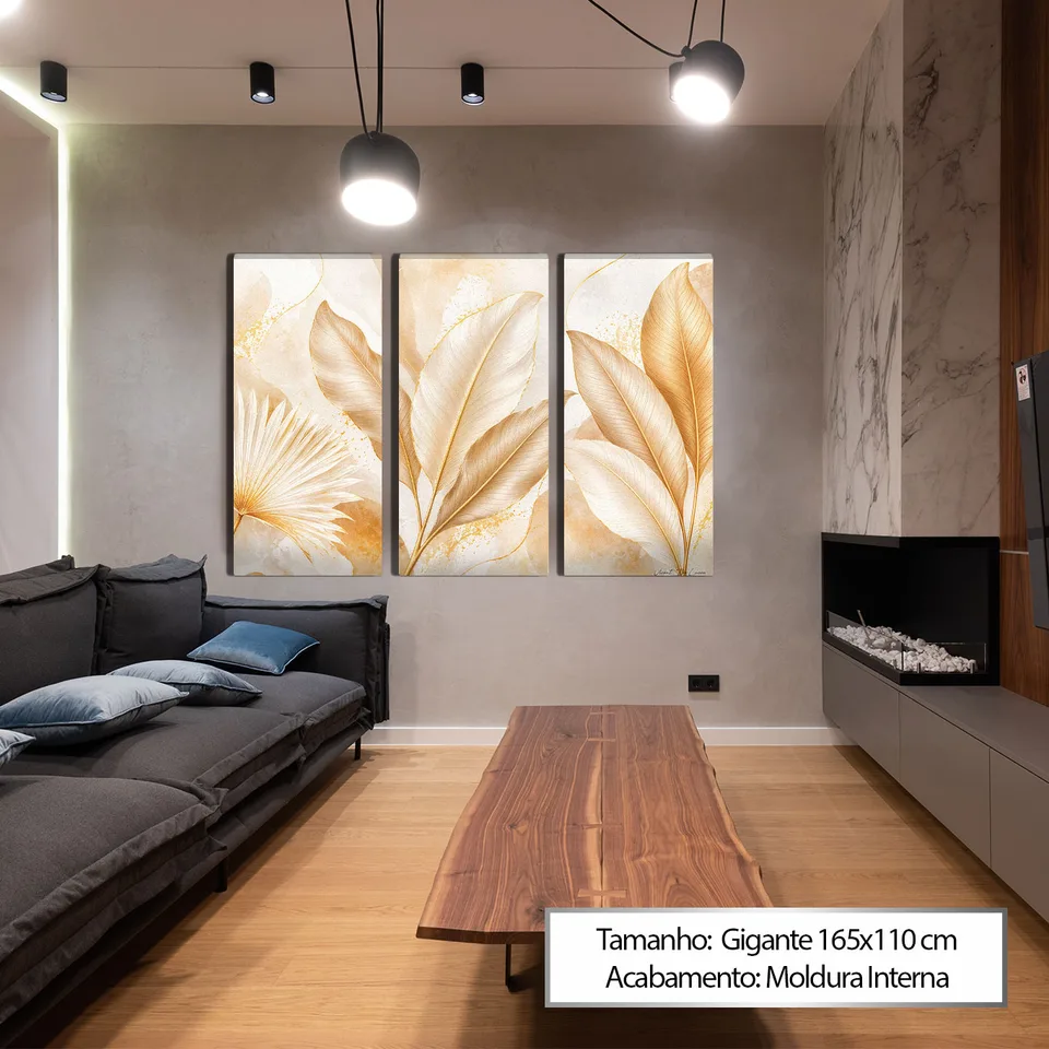 Quadro Botânica em Tons Dourados 3 Peças — foto 2
