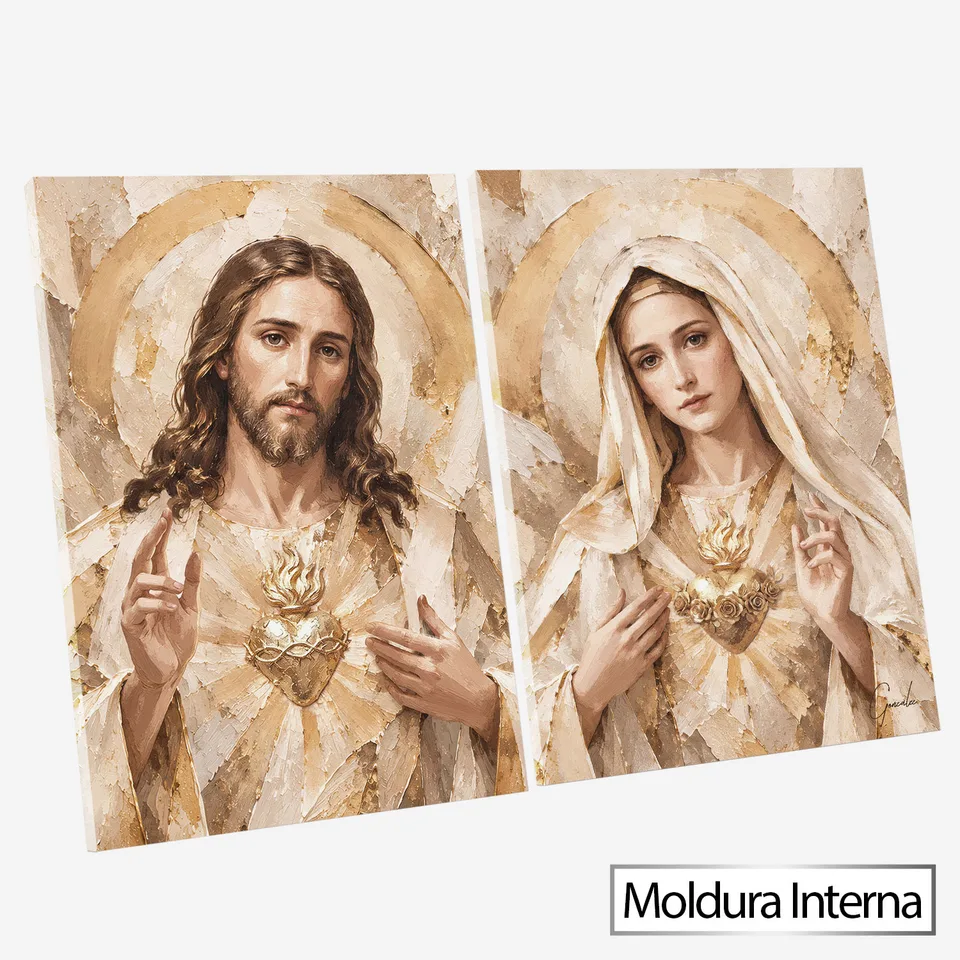 Quadro Os Corações Divinos de Jesus e Maria 2 Peças — Moldura Interna, Médio 64x48
