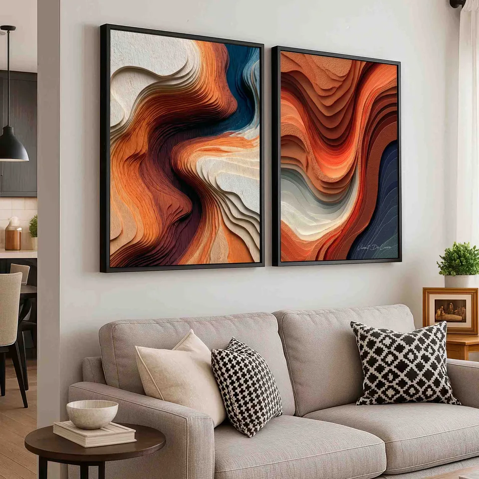 Quadro Fluxo Entre Curvas - 2 Peças com moldura preta