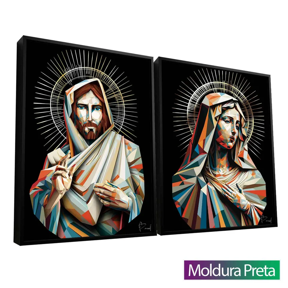 Quadro Jesus e Maria Geométricos 2 Peças com moldura preta