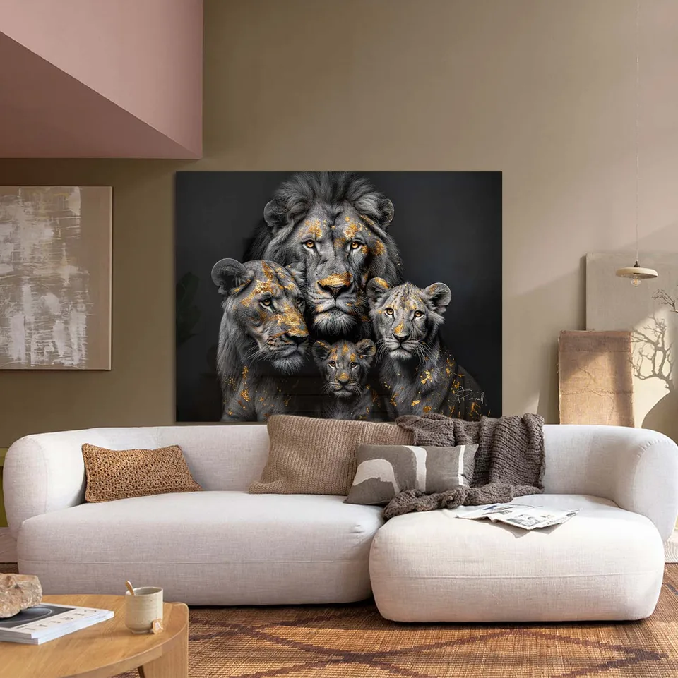Quadro Família de Leões Folhas de Ouro em metacrilato
