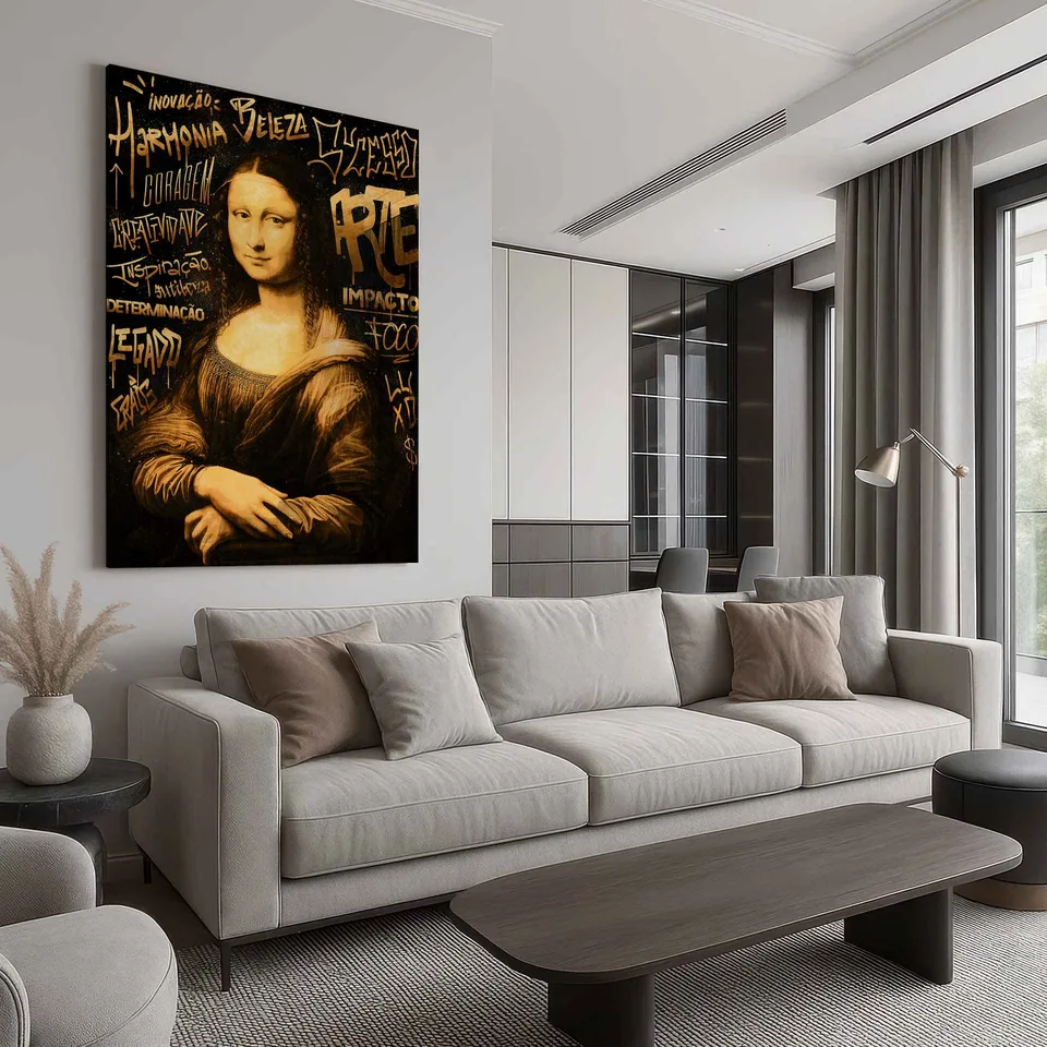 quadro monalisa grafite dourado — metacrilato sala bege celan elegante