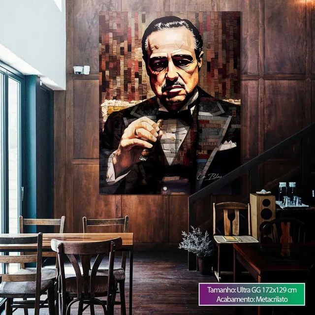 Quadro O Poderoso Chefão em parede de madeira ao lado de mesa de jantar