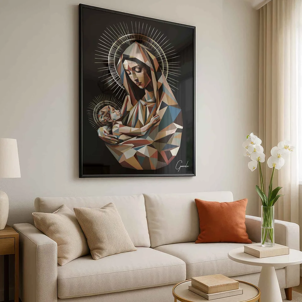 quadro amor sagrado geométrico — moldura prisma sala clean estilo bege e terroso