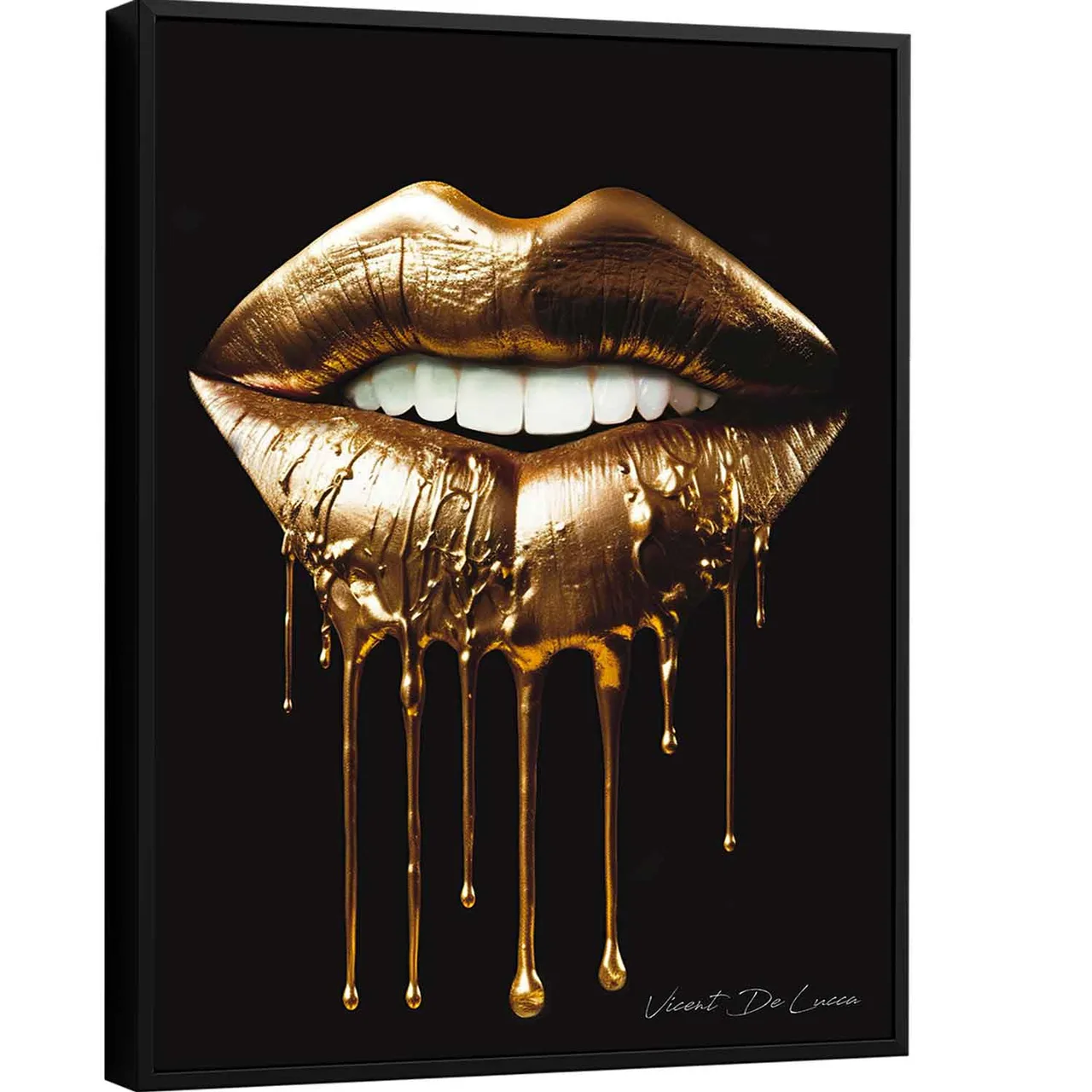 Quadro Boca Molten Gold, lábios em ouro derretido sobre fundo preto