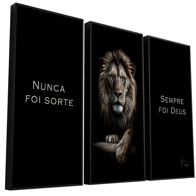 Quadro Nunca Foi Sorte, Sempre Foi Deus 3 Peças. Arte realista de leão para escritório