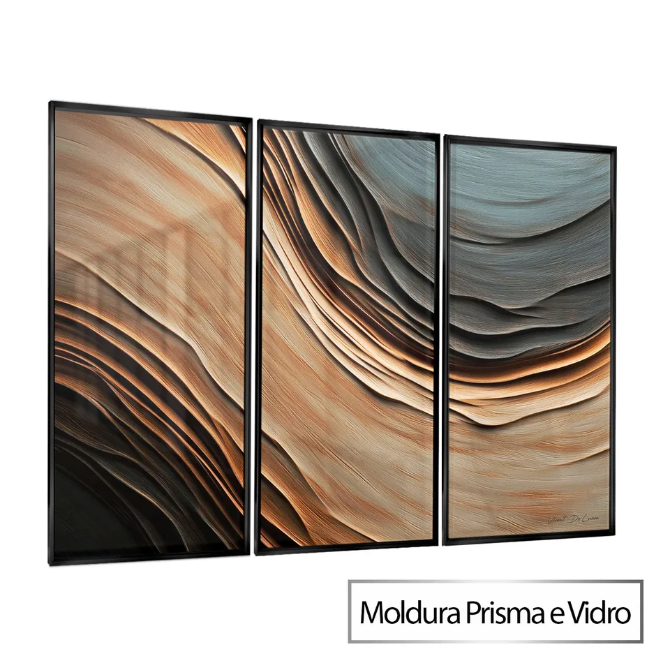 Quadro Abstrato Correnteza Amadeirada 3 Peças com Prisma e Vidro
