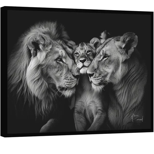 Quadro Família de Leões Carinhosos. Leão e leoa fazendo carinho em seu filho, arte preta e branca