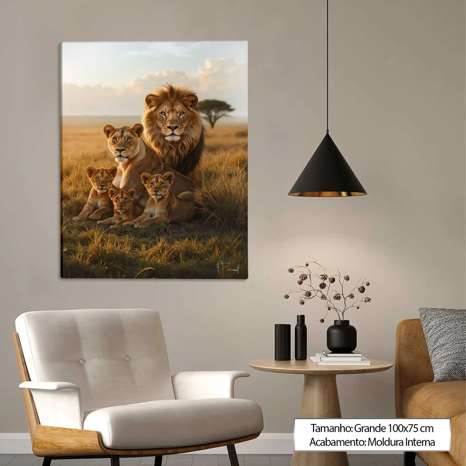 Quadro Família de Leões na Savana em sala clean