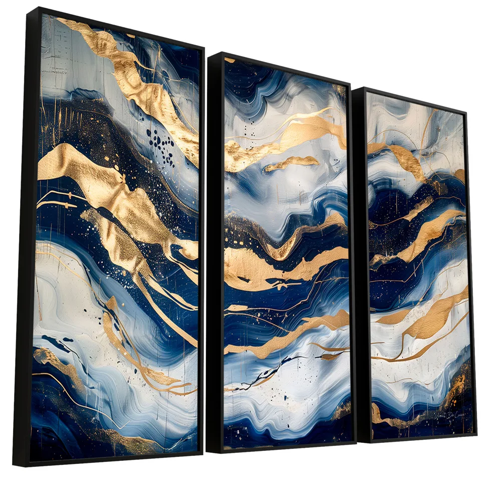 Quadro Abstrato Ondas de Safira - 3 Peças - Quadros para Consultório | QuadrosDecorativos.com