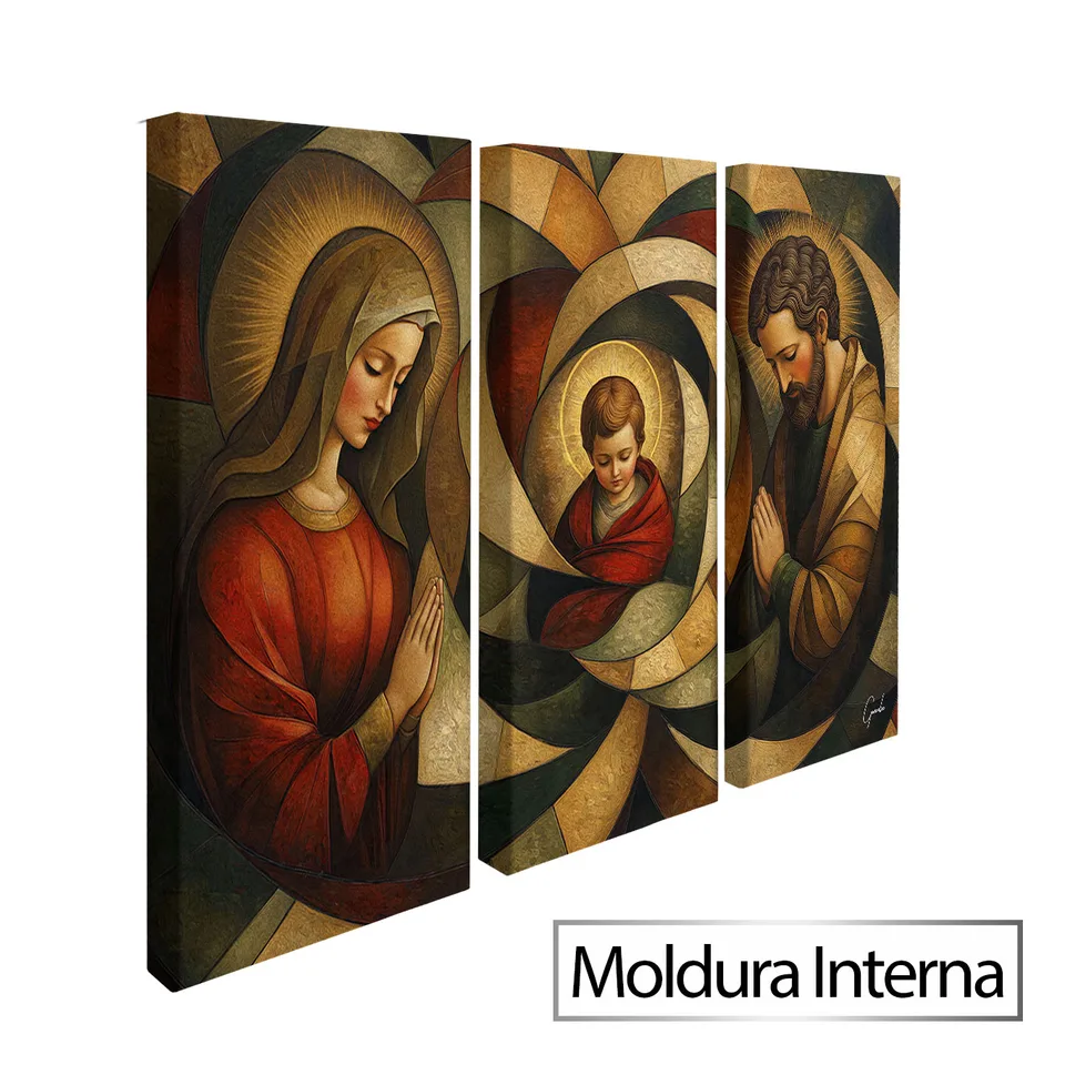 Quadro Sagrada Família CubismArt 3 Peças — Moldura Interna, Médio 93x62