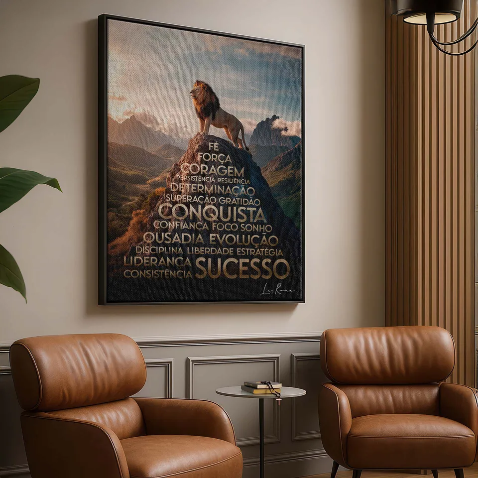 Quadro Visão do Leão com moldura preta em um canto de leitura