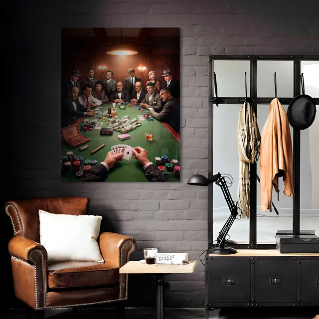 Quadro O Jogo dos Gangsters em ambiente industrial com poltrona de couro