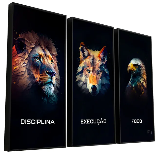 Quadro Disciplina, Execução e Foco Geométrico 3 Peças - Arquétipos | QuadrosDecorativos.com