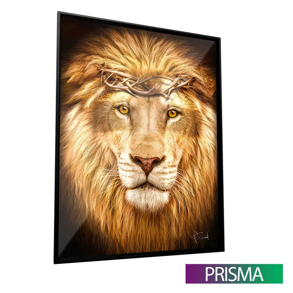Quadro decorativo Leão de Judá moldura prisma e vidro