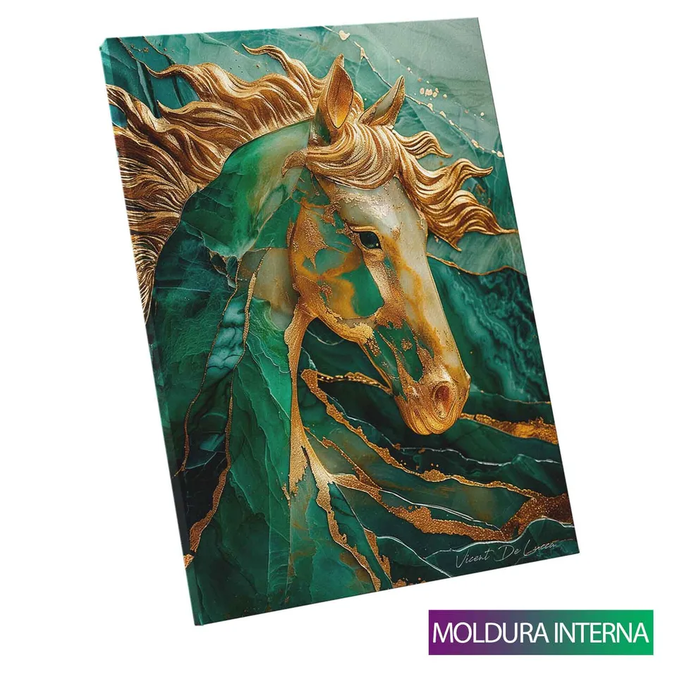 Quadro Cavalo Esmeralda com Ouro — Moldura Interna, Médio 64x48