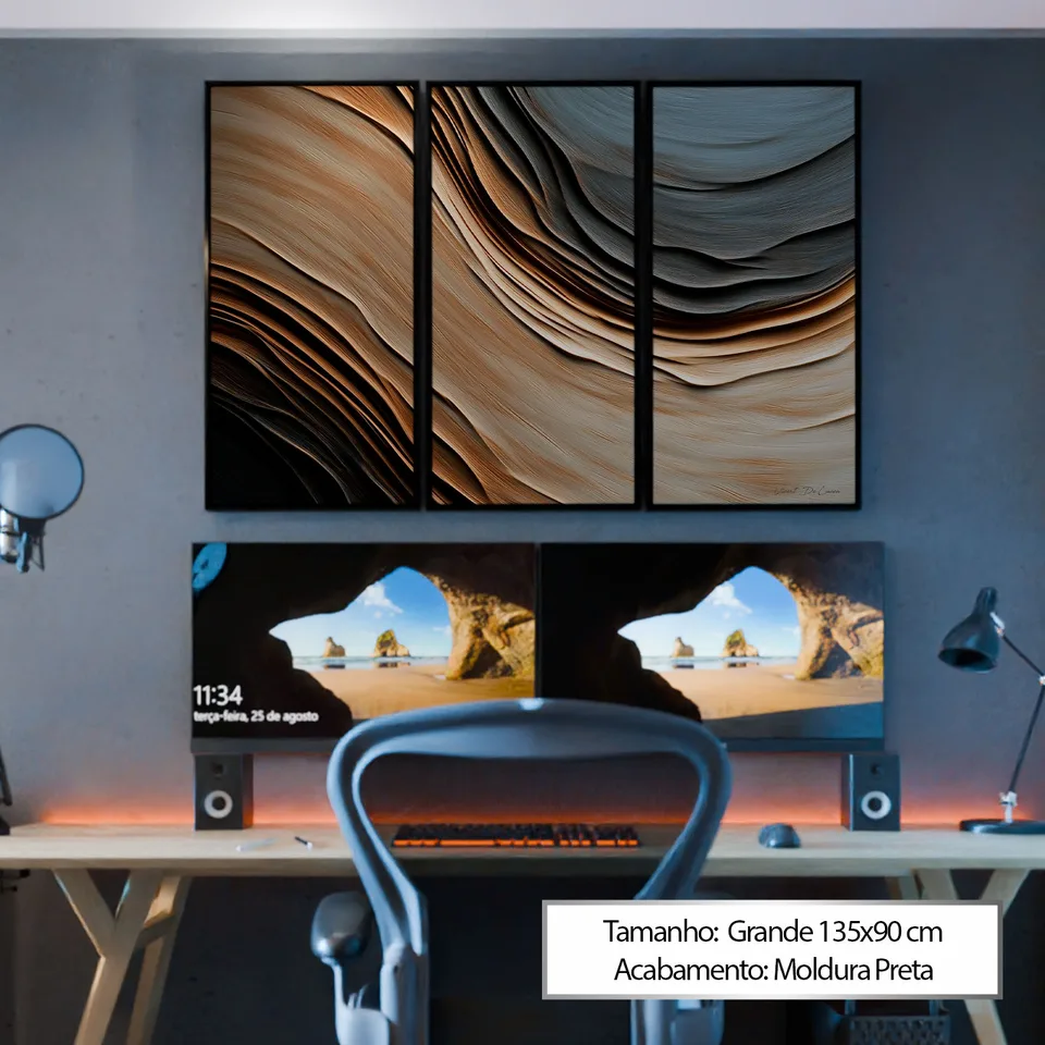 Quadro Abstrato Correnteza Amadeirada 3 Peças em escritório com computador