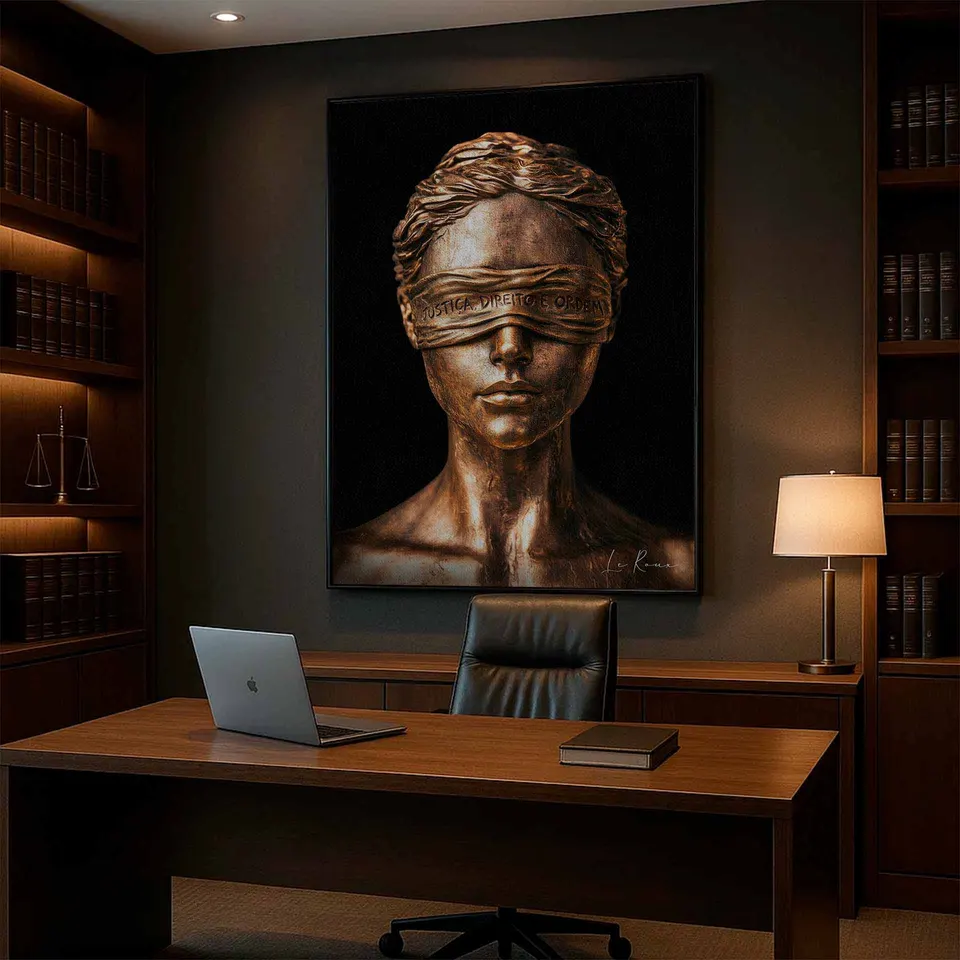 quadro rosto deusa da justiça em contexto — moldura prisma escritório elegante neutro